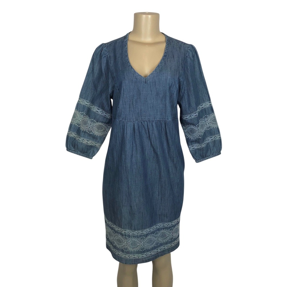 J Jill Embroidered Chambray Denim Puff Sleeve Dress Size XS Boho Western Cowgirl